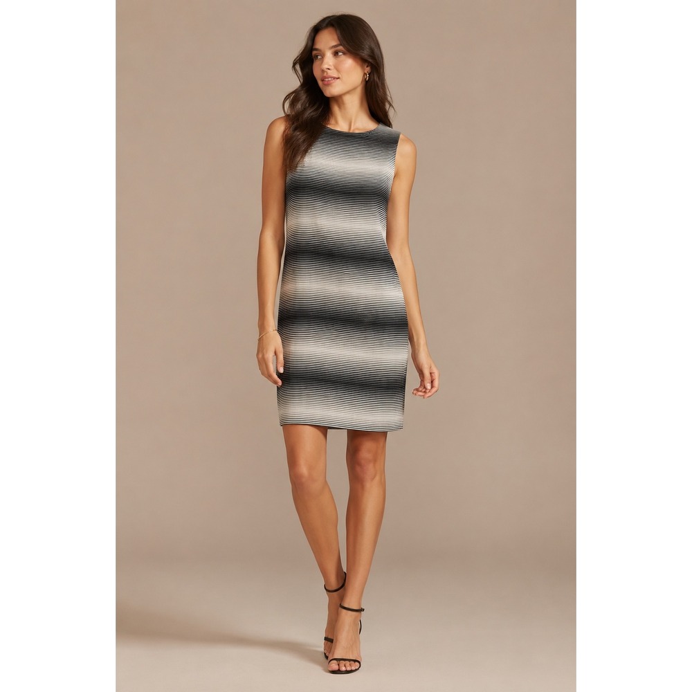 Finity Studio Sheath Dress 10 Black White 100% Silk Striped Ombre Sleeveless